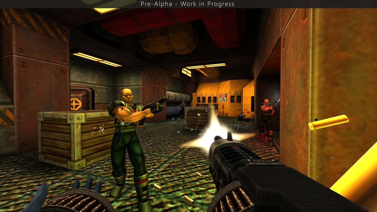 First-person combat in a Freeport industrial room, chaingun firing at HardCorps-era mercenaries in SiN Reloaded