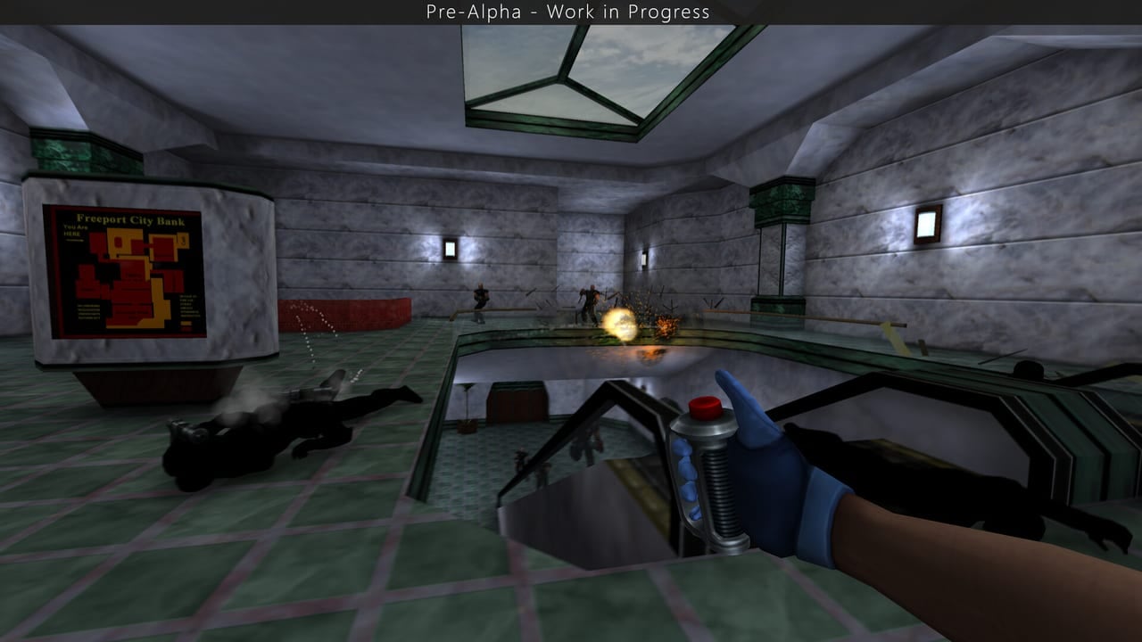 Freeport City Bank atrium in SiN Reloaded, map kiosk on the left and grenade thrown toward the lower floor